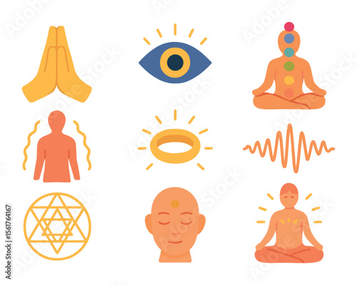 Spiritual Icon Set. Flat icon set of spiritual meditation: prayer hands, third eye icon, chakra points,