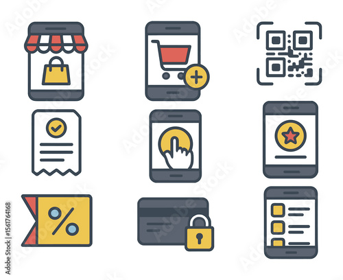 Mobile Commerce Icons. Flat icon set of mobile commerce tools: shopping app, mobile cart, QR scanner, digital