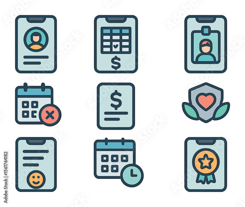 Mobile HR Icons Grid. Flat icon set of mobile HR management: employee app, digital timesheet, mobile ID, leave