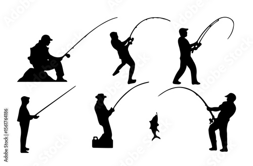 Silhouettes of People Fishing with Rods in Various Poses