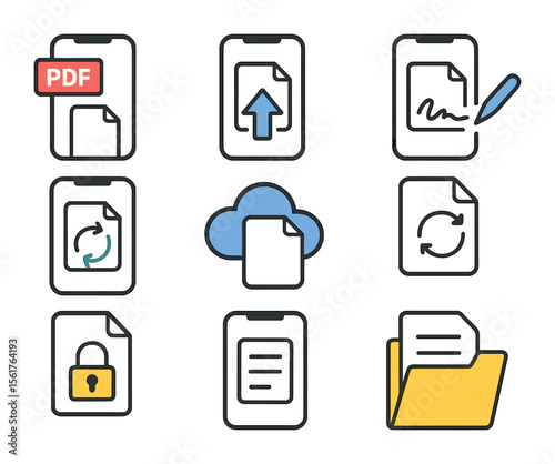 Mobile Document Icons. Flat icon set of mobile document management: PDF icon, upload button, digital signature