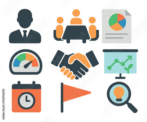 Executive Decisions Icons. Flat icon set of executive choices: CEO silhouette, meeting table, data report,