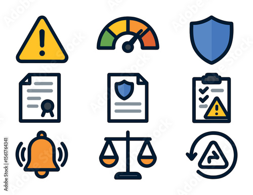 Risk Management Icons. Flat icon set of risk management: warning triangle, risk scale, shield icon, legal