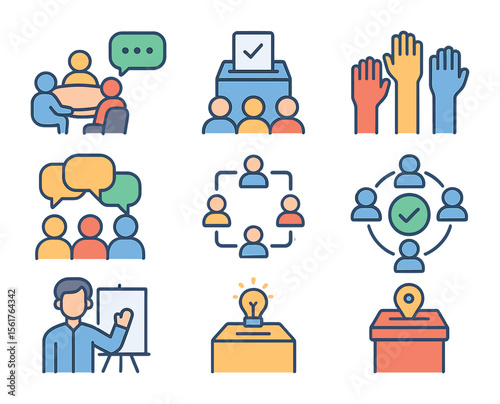Group Decision Icons. Flat icon set of group decision-making: team discussion, vote icon, raised hands,