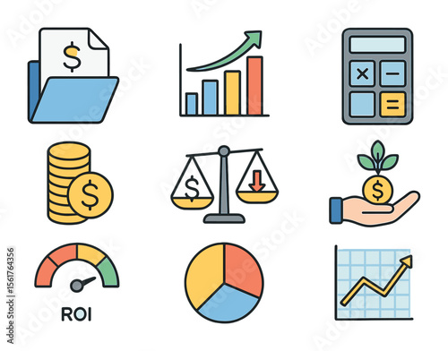 Financial Icon Set. Flat icon set of financial considerations: budget file, revenue chart, cost calculator,