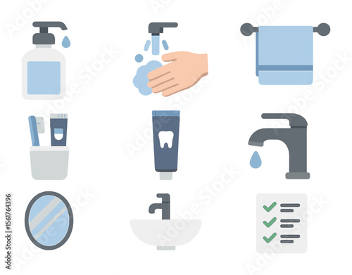 Bathroom Hygiene Icons. Flat icon set of bathroom hygiene routines: soap dispenser, handwashing icon, towel