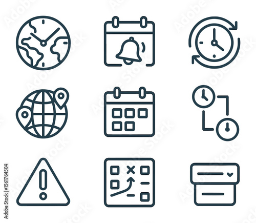 Time Zone Icon Set. Flat icon set of time zone coordination: world clock, meeting reminder, schedule sync,