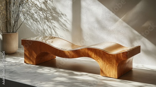 A modern wooden bench with flowing, organic curves.