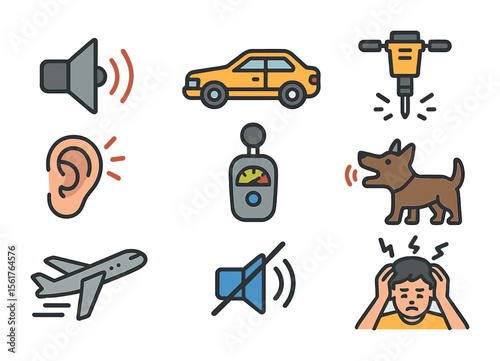 Noise Pollution Icons. Flat icon set of noise pollution: loudspeaker, car horn, construction jackhammer, ear