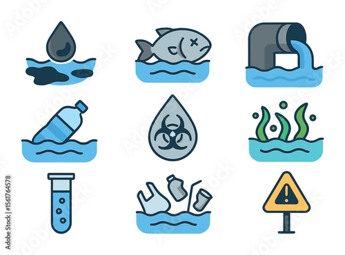Water Pollution Icons. Flat icon set of water pollution impact: oil spill, dead fish, water pipe discharge,