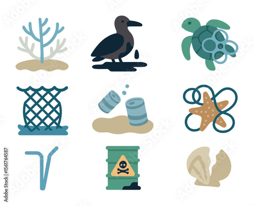 Marine Ecosystem Damage Icons. Flat icon set of marine ecosystem damage: coral bleaching, oil-covered bird,