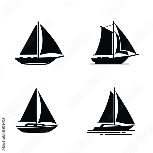 Sailing boat and sailboat silhouette logo set, black isolated vector icons, minimal and clean style, perfect for nautical themes, sea travel, or marine branding. 
