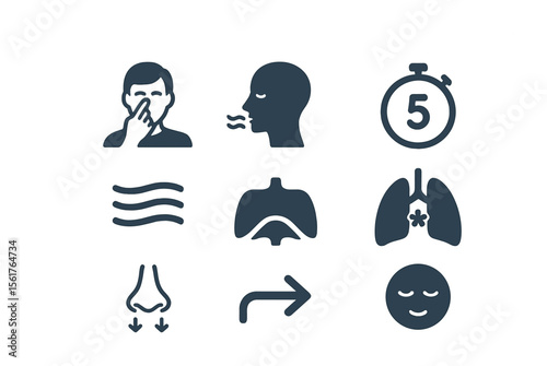 Breathing Techniques Icons. Flat icon set of breathing and focus: alternate nostril breathing, deep inhale