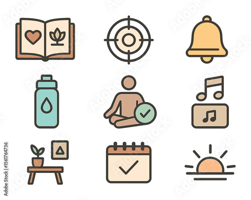 Daily Yoga Icons. Flat icon set of yoga habits for daily clarity: yoga journal, focus tracker, daily reminder