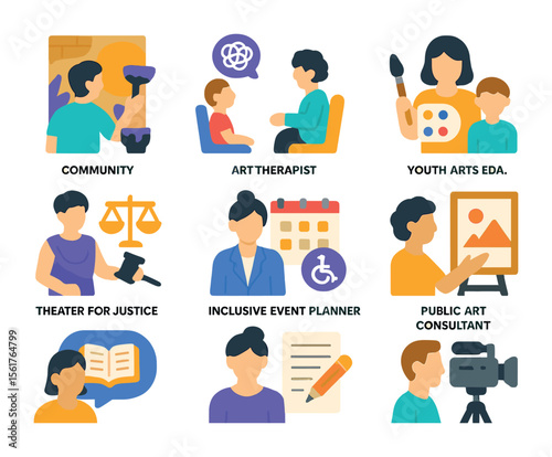 Social Change Arts Icons. Flat icon set of arts for social change careers: community muralist, art therapist,