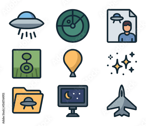 UFO Sightings Icon Set. Flat icon set of famous UFO sightings: flying saucer, radar blip, eyewitness report,