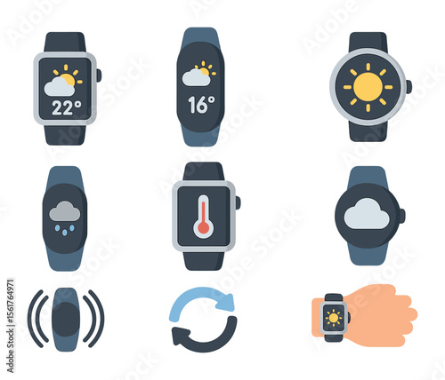 Wearable Weather Icons. Flat icon set of wearable weather integration: smart watch weather, fitness band with