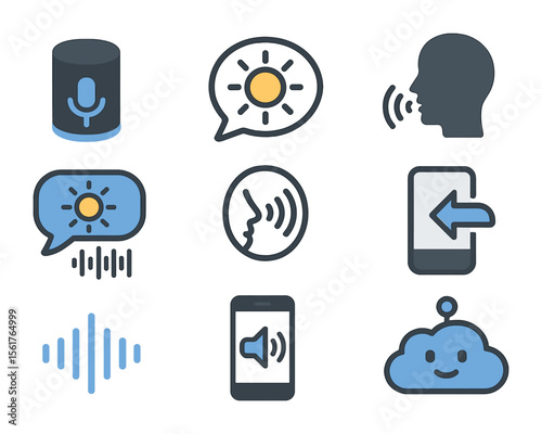Voice-Controlled Weather Icons. Flat icon set of voice-controlled weather tools: voice assistant mic, speech