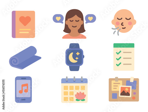 Self-Care Icon Grid. Flat icon set of wellness and self-care habits: gratitude journal, affirmations, mindful