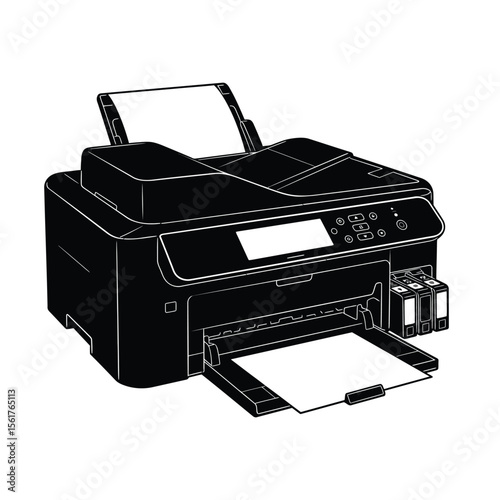Flat vector illustration of a printer, minimal design, black and grey color, isolated on white background, modern office equipment icon.

