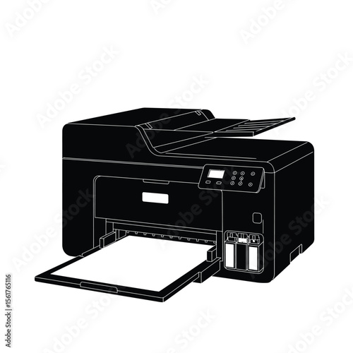 Flat vector illustration of a printer, minimal design, black and grey color, isolated on white background, modern office equipment icon.

