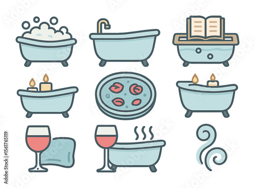 Relaxing Bath Icons. Flat icon set of relaxing bath scenes: bubble bath, soaking tub, bath tray, open book,