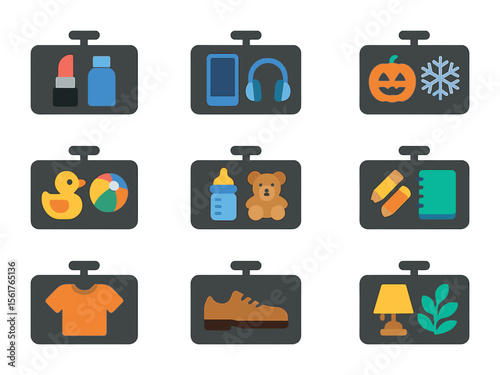 Retail Aisle Icons. Flat icon set of retail aisle labels: health & beauty sign, electronics sign, seasonal