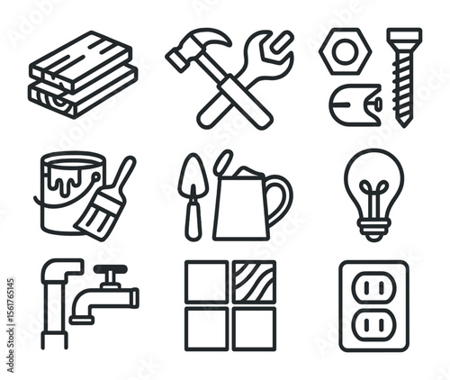 DIY Store Signs. Flat icon set of DIY store aisle signage: lumber sign, tools sign, hardware sign, paint