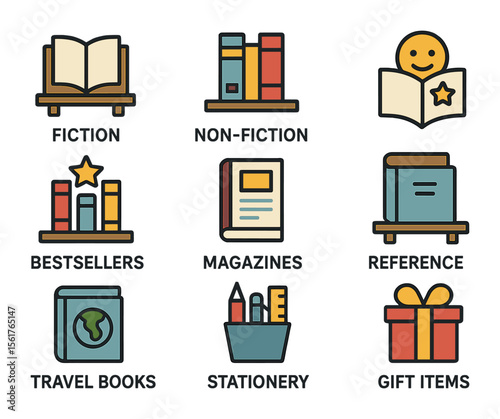 Bookstore Icon Set. Flat icon set of bookstore section signage: fiction sign, non-fiction sign, children's