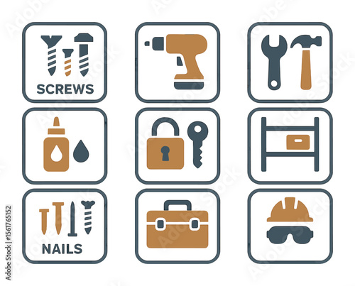 Hardware Icon Grid. Flat icon set of hardware aisle tags: screws & bolts sign, power tools sign, hand tools