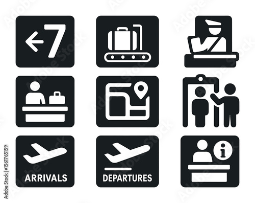 Airport Icon Set. Flat icon set of airport terminal signage: gate number sign, baggage claim sign, customs
