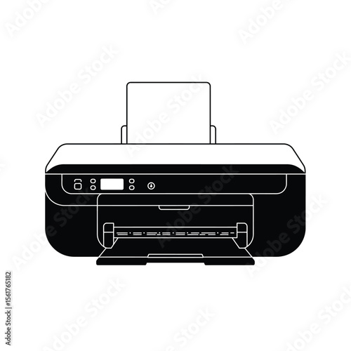 Flat vector illustration of a printer, minimal design, black and grey color, isolated on white background, modern office equipment icon.

