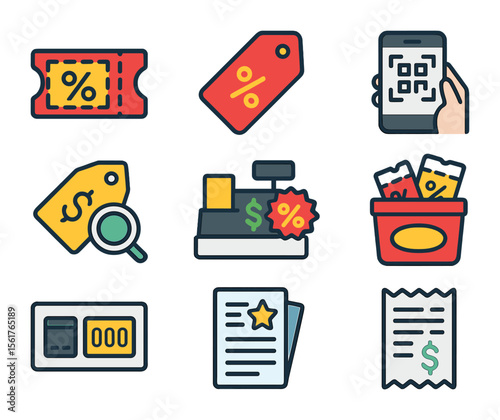 In-Store Savings Icons. Flat icon set of in-store savings methods: paper coupon, store sale tag, customer