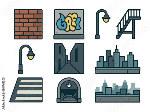 Urban Photography Icons. Flat icon set of portrait photography in urban settings: brick wall, graffiti art,