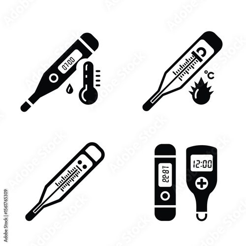 Medical electronic thermometers icon set with digital display, temperature measuring, electric health devices — outline style, black and grey color, vector flat illustration.

