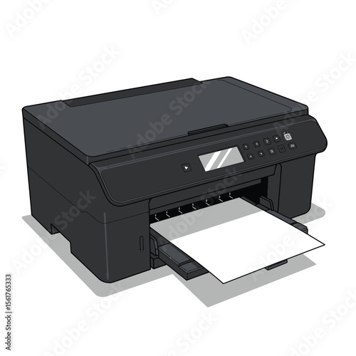 Flat vector illustration of a printer, minimal design, black and grey color, isolated on white background, modern office equipment icon.

