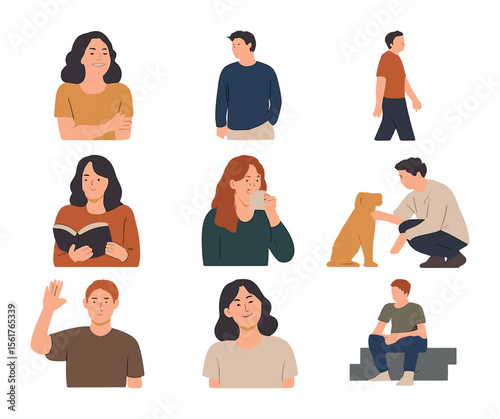 Lively Lifestyle Icons. Flat icon set of candid lifestyle portraits: laughing subject, casual pose, walking