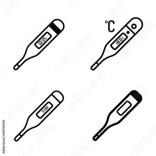 Medical electronic thermometers icon set with digital display, temperature measuring, electric health devices — outline style, black and grey color, vector flat illustration.

