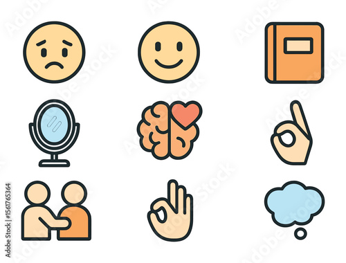 Emotional Awareness Icons. Flat icon set of emotional self-awareness: sad face, happy face, neutral face,