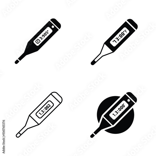 Medical electronic thermometers icon set with digital display, temperature measuring, electric health devices — outline style, black and grey color, vector flat illustration.

