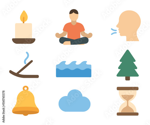 Mindfulness Icon Set. Flat icon set of mindfulness and presence: candle, lotus pose, breathing icon, incense