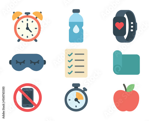 Building Good Habits Icons. Flat icon set of building good habits: alarm clock, water bottle, fitness tracker,