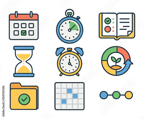 Time Management Icons. Flat icon set of time management for growth: calendar, stopwatch, planner, sand timer,
