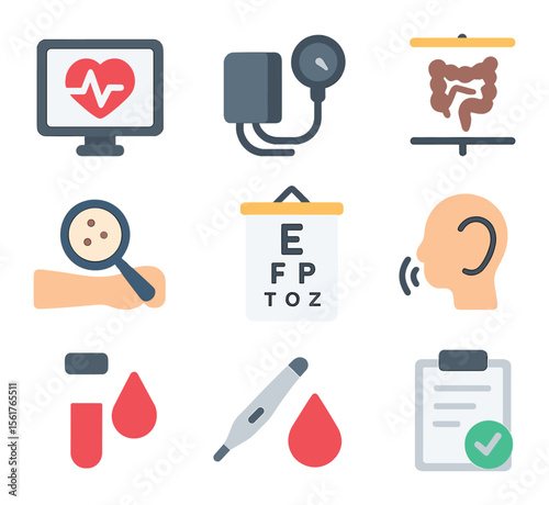 Preventative Screenings Icons. Flat icon set of preventative screenings: heart rate scan, blood pressure cuff,