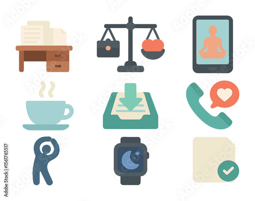 Burnout Management Icons. Flat icon set of stress and burnout management: desk with papers, work-life balance