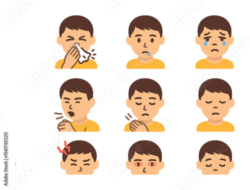 Allergy Symptoms Icons. Flat icon set of allergy season symptoms: sneezing face, runny nose, watery eyes,