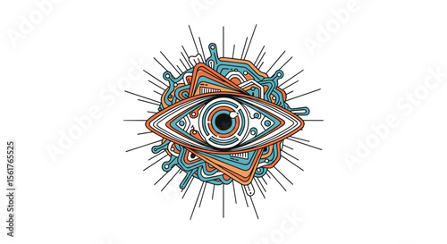 Artistic Representation of a Cosmic Eye Amidst Abstract Forms and Radiating Light Rays Symbolizing Vision and Perception