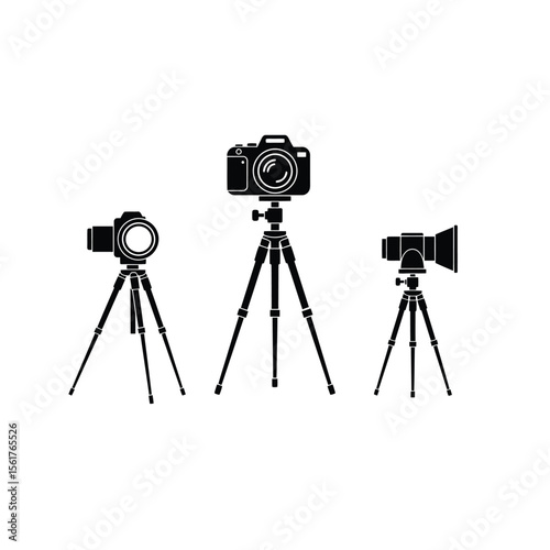 Outline photo icon set featuring studio lights, film cameras, digital cameras, camera on tripod, and photo lenses — minimal black and white vector style, clean and isolated pictograms for photography 