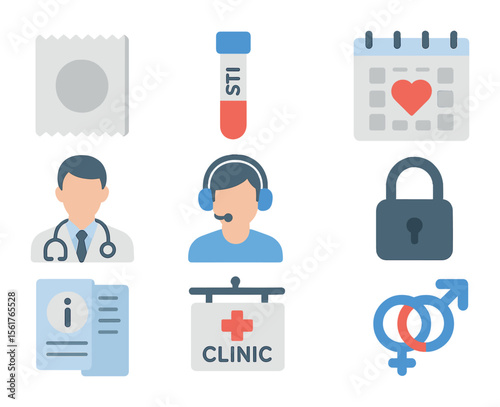 Sexual Health Icons. Flat icon set of sexual health and wellness: condom pack, STI test tube, calendar with