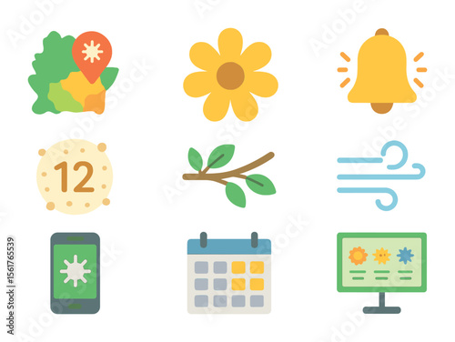 Pollen Tracking Icons. Flat icon set of pollen tracking: pollen forecast map, flower icon, alert bell, pollen